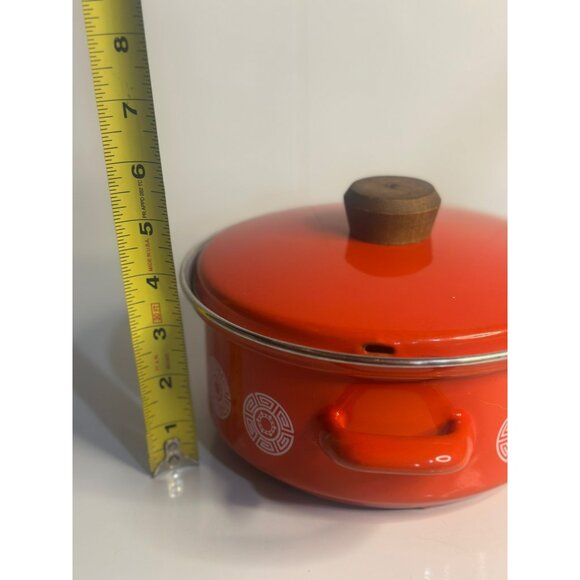 VTG Epicure Enamelware Stock Pot - 6" Orange w/ Wooden Knob Lid Retro MCM - Picture 7 of 7